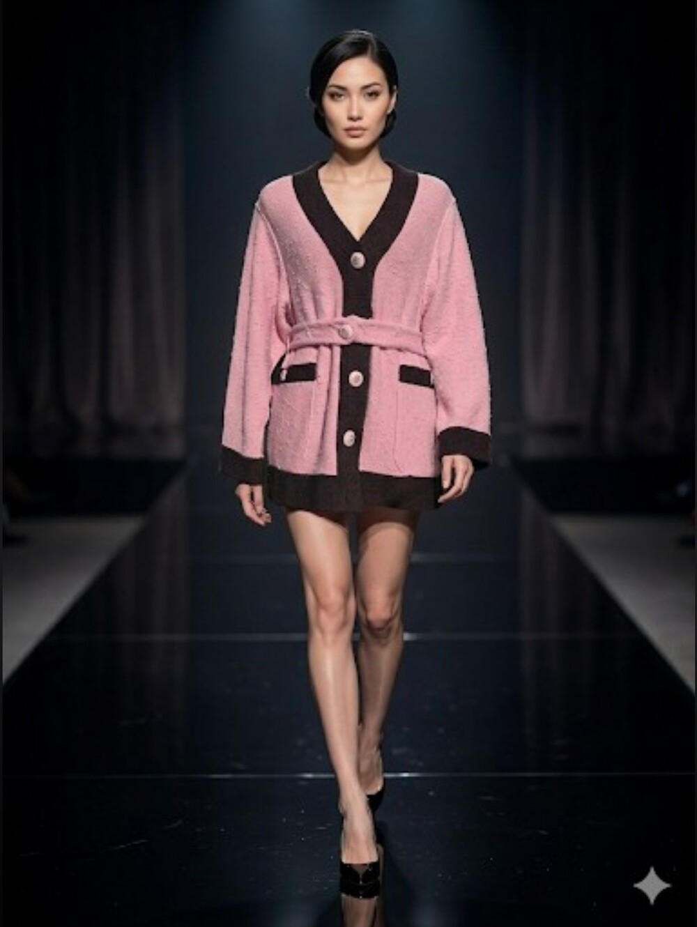 CHANEL Pink and Black 100% Wool Belted Cardigan Fall '24 Look 19/21 FR 38/US6/Sm